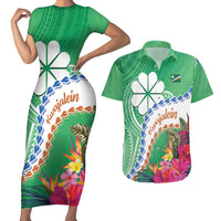 Marshall Islands Kwajalein Atoll Couples Matching Short Sleeve Bodycon Dress and Hawaiian Shirt Curves Polynesian Mix Tropical Flowers LT14 Green - Polynesian Pride