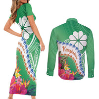 Marshall Islands Kwajalein Atoll Couples Matching Short Sleeve Bodycon Dress and Long Sleeve Button Shirt Curves Polynesian Mix Tropical Flowers LT14 - Polynesian Pride