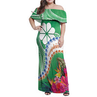 Marshall Islands Kwajalein Atoll Family Matching Off Shoulder Maxi Dress and Hawaiian Shirt Curves Polynesian Mix Tropical Flowers LT14 Mom's Dress Green - Polynesian Pride