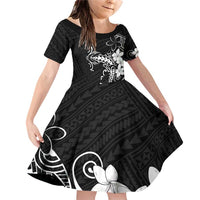 Black Hawaii Family Matching Off Shoulder Short Dress and Hawaiian Shirt Hammerhead Shark Tattoo Curve Polynesian LT14 Daughter's Dress Black - Polynesian Pride