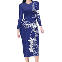 Blue Hawaii Family Matching Long Sleeve Bodycon Dress and Hawaiian Shirt Hammerhead Shark Tattoo Curve Polynesian LT14 Mom's Dress Blue - Polynesian Pride