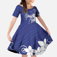 Blue Hawaii Family Matching Off The Shoulder Long Sleeve Dress and Hawaiian Shirt Hammerhead Shark Tattoo Curve Polynesian LT14 Daughter's Dress Blue - Polynesian Pride