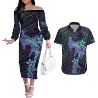 Purple Paradise Hawaii Couples Matching Off The Shoulder Long Sleeve Dress and Hawaiian Shirt Hammerhead Shark Tattoo Curve Polynesian LT14 Purple - Polynesian Pride