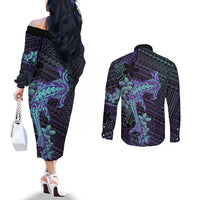 Purple Paradise Hawaii Couples Matching Off The Shoulder Long Sleeve Dress and Long Sleeve Button Shirt Hammerhead Shark Tattoo Curve Polynesian - Polynesian Pride