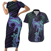 Purple Paradise Hawaii Couples Matching Short Sleeve Bodycon Dress and Hawaiian Shirt Hammerhead Shark Tattoo Curve Polynesian LT14 Purple - Polynesian Pride
