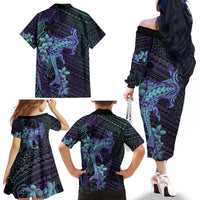 Purple Paradise Hawaii Family Matching Off The Shoulder Long Sleeve Dress and Hawaiian Shirt Hammerhead Shark Tattoo Curve Polynesian LT14 - Polynesian Pride