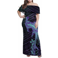 Purple Paradise Hawaii Family Matching Off Shoulder Maxi Dress and Hawaiian Shirt Hammerhead Shark Tattoo Curve Polynesian LT14 Mom's Dress Purple - Polynesian Pride