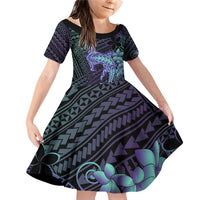 Purple Paradise Hawaii Family Matching Off Shoulder Short Dress and Hawaiian Shirt Hammerhead Shark Tattoo Curve Polynesian LT14 Daughter's Dress Purple - Polynesian Pride
