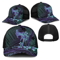 Purple Paradise Hawaii Mesh Trucker Cap Hammerhead Shark Tattoo Curve Polynesian - Polynesian Pride