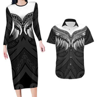 Poutama Korowai New Zealand Couples Matching Long Sleeve Bodycon Dress and Hawaiian Shirt Aotearoa Maori Tattoo LT14 Black - Polynesian Pride