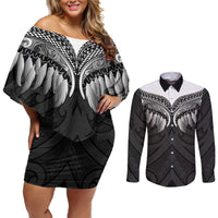 Poutama Korowai New Zealand Couples Matching Off Shoulder Short Dress and Long Sleeve Button Shirt Aotearoa Maori Tattoo LT14 Black - Polynesian Pride