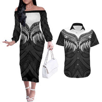 Poutama Korowai New Zealand Couples Matching Off The Shoulder Long Sleeve Dress and Hawaiian Shirt Aotearoa Maori Tattoo LT14 Black - Polynesian Pride