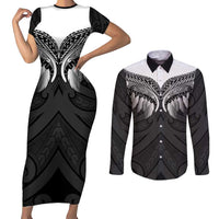 Poutama Korowai New Zealand Couples Matching Short Sleeve Bodycon Dress and Long Sleeve Button Shirt Aotearoa Maori Tattoo LT14 Black - Polynesian Pride