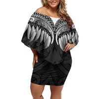 Poutama Korowai New Zealand Family Matching Off Shoulder Short Dress and Hawaiian Shirt Aotearoa Maori Tattoo LT14 Mom's Dress Black - Polynesian Pride