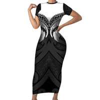 Poutama Korowai New Zealand Short Sleeve Bodycon Dress Aotearoa Maori Tattoo LT14 Long Dress Black - Polynesian Pride
