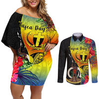 Vanuatu Tafea Day Couples Matching Off Shoulder Short Dress and Long Sleeve Button Shirts Coat Of Arms Mix Tropical Flowers LT14 Black - Polynesian Pride