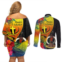 Vanuatu Tafea Day Couples Matching Off Shoulder Short Dress and Long Sleeve Button Shirts Coat Of Arms Mix Tropical Flowers LT14 - Polynesian Pride