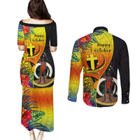 Vanuatu Tafea Day Couples Matching Puletasi Dress and Long Sleeve Button Shirts Coat Of Arms Mix Tropical Flowers LT14 - Polynesian Pride