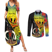 Vanuatu Tafea Day Couples Matching Summer Maxi Dress and Long Sleeve Button Shirts Coat Of Arms Mix Tropical Flowers LT14 Black - Polynesian Pride