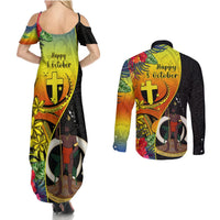 Vanuatu Tafea Day Couples Matching Summer Maxi Dress and Long Sleeve Button Shirts Coat Of Arms Mix Tropical Flowers LT14 - Polynesian Pride
