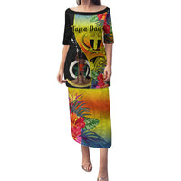 Vanuatu Tafea Day Family Matching Puletasi Dress and Hawaiian Shirt Coat Of Arms Mix Tropical Flowers LT14 Mom's Dress Black - Polynesian Pride