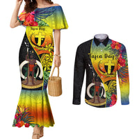 Personalised Vanuatu Tafea Day Couples Matching Mermaid Dress and Long Sleeve Button Shirts Coat Of Arms Mix Tropical Flowers LT14 Black - Polynesian Pride