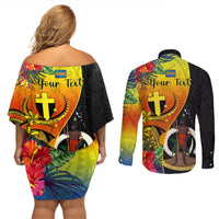 Personalised Vanuatu Tafea Day Couples Matching Off Shoulder Short Dress and Long Sleeve Button Shirts Coat Of Arms Mix Tropical Flowers LT14 - Polynesian Pride