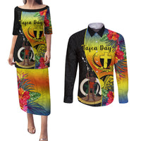 Personalised Vanuatu Tafea Day Couples Matching Puletasi Dress and Long Sleeve Button Shirts Coat Of Arms Mix Tropical Flowers LT14 Black - Polynesian Pride