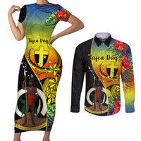 personalised-vanuatu-tafea-day-couples-matching-short-sleeve-bodycon-dress-and-long-sleeve-button-shirts-coat-of-arms-mix-tropical-flowers