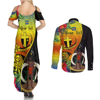 Personalised Vanuatu Tafea Day Couples Matching Summer Maxi Dress and Long Sleeve Button Shirts Coat Of Arms Mix Tropical Flowers LT14 - Polynesian Pride