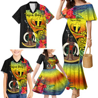 Personalised Vanuatu Tafea Day Family Matching Mermaid Dress and Hawaiian Shirt Coat Of Arms Mix Tropical Flowers LT14 - Polynesian Pride