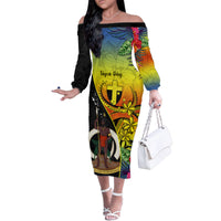 Personalised Vanuatu Tafea Day Family Matching Off Shoulder Long Sleeve Dress and Hawaiian Shirt Coat Of Arms Mix Tropical Flowers LT14 Mom's Dress Black - Polynesian Pride