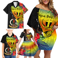 Personalised Vanuatu Tafea Day Family Matching Off Shoulder Short Dress and Hawaiian Shirt Coat Of Arms Mix Tropical Flowers LT14 - Polynesian Pride