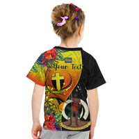 Personalised Vanuatu Tafea Day Kid T Shirt Coat Of Arms Mix Tropical Flowers LT14 - Polynesian Pride