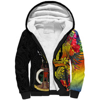 Personalised Vanuatu Tafea Day Sherpa Hoodie Coat Of Arms Mix Tropical Flowers LT14 Unisex Black - Polynesian Pride