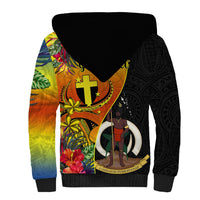 Personalised Vanuatu Tafea Day Sherpa Hoodie Coat Of Arms Mix Tropical Flowers LT14 - Polynesian Pride