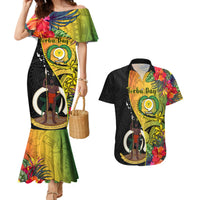 Vanuatu Torba Day Couples Matching Mermaid Dress and Hawaiian Shirt Coat Of Arms Mix Tropical Flowers LT14 Black - Polynesian Pride