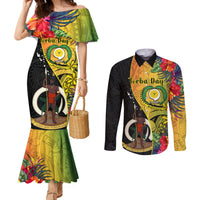 Vanuatu Torba Day Couples Matching Mermaid Dress and Long Sleeve Button Shirts Coat Of Arms Mix Tropical Flowers LT14 Black - Polynesian Pride