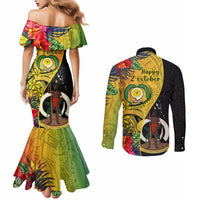 Vanuatu Torba Day Couples Matching Mermaid Dress and Long Sleeve Button Shirts Coat Of Arms Mix Tropical Flowers LT14 - Polynesian Pride