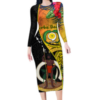 Vanuatu Torba Day Family Matching Long Sleeve Bodycon Dress and Hawaiian Shirt Coat Of Arms Mix Tropical Flowers LT14 Mom's Dress Black - Polynesian Pride