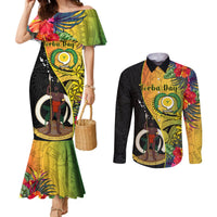 Personalised Vanuatu Torba Day Couples Matching Mermaid Dress and Long Sleeve Button Shirts Coat Of Arms Mix Tropical Flowers LT14 Black - Polynesian Pride