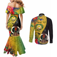 Personalised Vanuatu Torba Day Couples Matching Mermaid Dress and Long Sleeve Button Shirts Coat Of Arms Mix Tropical Flowers LT14 - Polynesian Pride