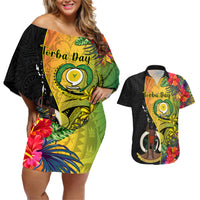 personalised-vanuatu-torba-day-couples-matching-off-shoulder-short-dress-and-hawaiian-shirt-coat-of-arms-mix-tropical-flowers