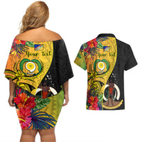 personalised-vanuatu-torba-day-couples-matching-off-shoulder-short-dress-and-hawaiian-shirt-coat-of-arms-mix-tropical-flowers