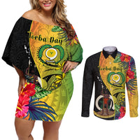 Personalised Vanuatu Torba Day Couples Matching Off Shoulder Short Dress and Long Sleeve Button Shirts Coat Of Arms Mix Tropical Flowers LT14 Black - Polynesian Pride