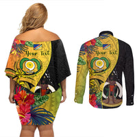 Personalised Vanuatu Torba Day Couples Matching Off Shoulder Short Dress and Long Sleeve Button Shirts Coat Of Arms Mix Tropical Flowers LT14 - Polynesian Pride