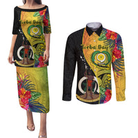 Personalised Vanuatu Torba Day Couples Matching Puletasi Dress and Long Sleeve Button Shirts Coat Of Arms Mix Tropical Flowers LT14 Black - Polynesian Pride