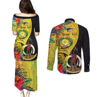 Personalised Vanuatu Torba Day Couples Matching Puletasi Dress and Long Sleeve Button Shirts Coat Of Arms Mix Tropical Flowers LT14 - Polynesian Pride