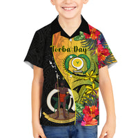 Personalised Vanuatu Torba Day Family Matching Off Shoulder Long Sleeve Dress and Hawaiian Shirt Coat Of Arms Mix Tropical Flowers LT14 Son's Shirt Black - Polynesian Pride