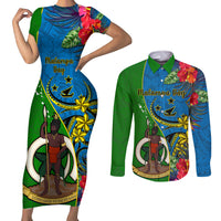 vanuatu-malampa-day-couples-matching-short-sleeve-bodycon-dress-and-long-sleeve-button-shirts-coat-of-arms-mix-tropical-flowers